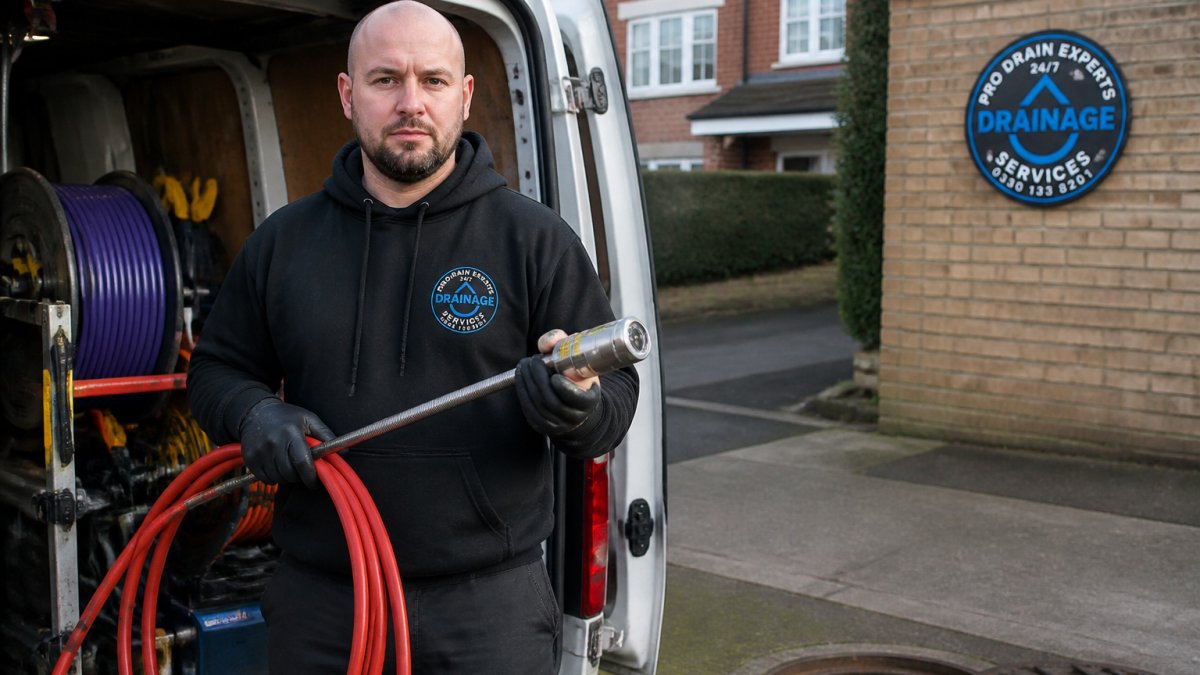 Professional technician holding CCTV camera probe equipment with van interior visible in background, ready to conduct a drain survey