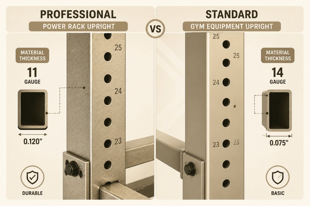 Close-up of a heavy-duty power rack upright with thick steel construction and precision bolt holes, showing the difference in material thickness compared to standard gym equipment