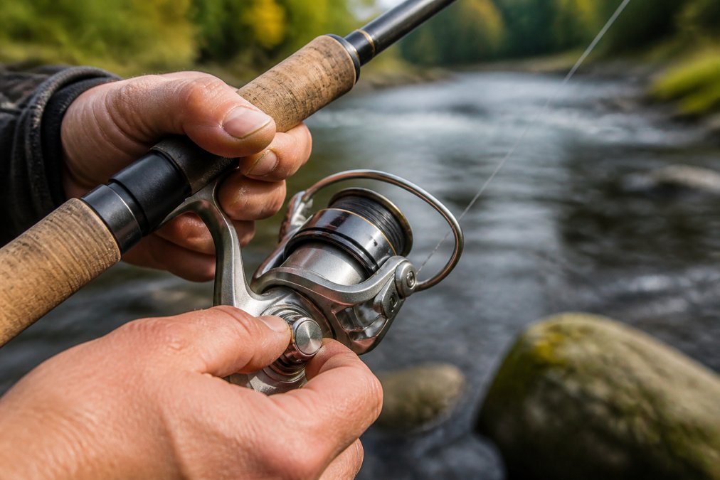 Close-up of an angler's hands adjusting the drag knob on a metal-bodied spinning reel mounted on a rod, with a river blurred in the background