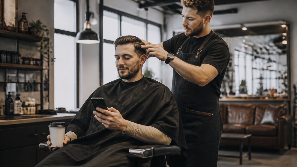 Man relaxing in a barber chair with coffee while getting professional grooming in a modern, bright studio.