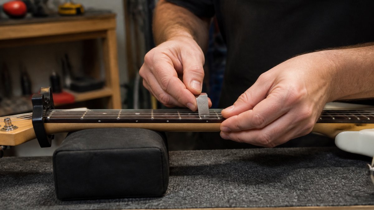 Technician measuring electric guitar neck relief with a feeler gauge on a workbench