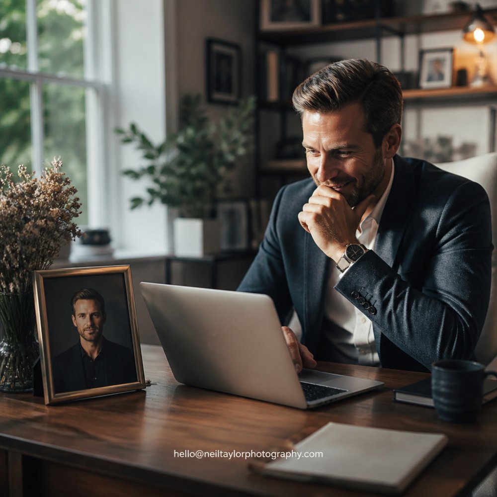 A confident business professional reviewing their LinkedIn profile on a laptop in a bright, modern home office, with a framed professional headshot visible on the desk beside them