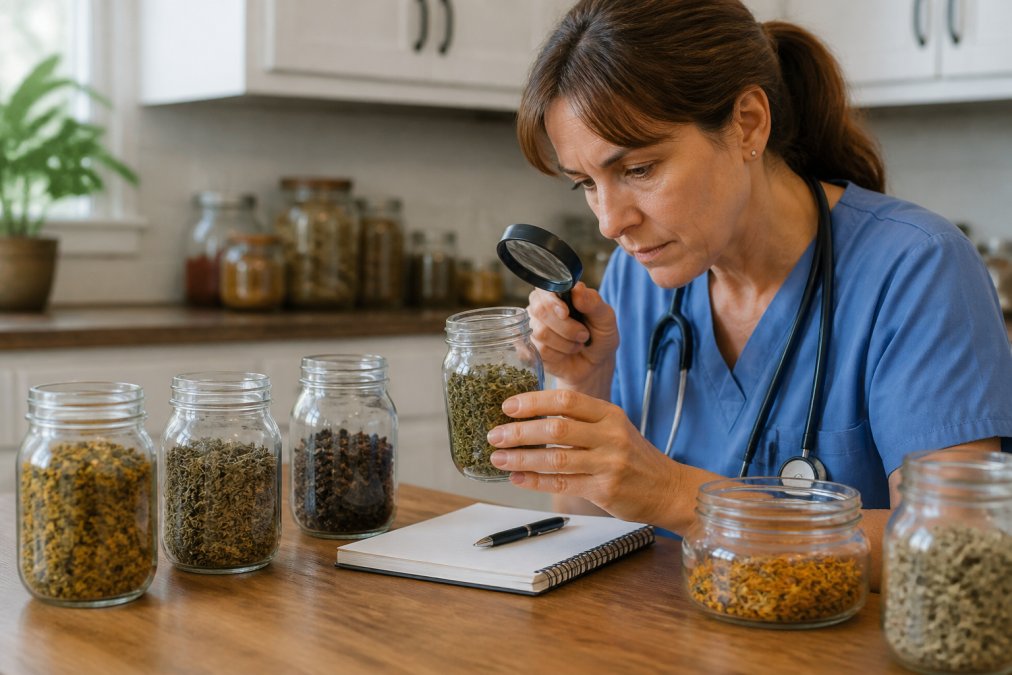 A registered nurse in a clean kitchen setting examining dried herbs in glass jars with a magnifying glass and notebook, demonstrating careful quality inspection of botanical ingredients