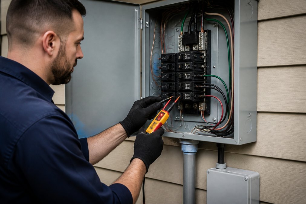 Electrician installing a GFCI breaker panel with hardwiring connections and voltage measurement tools for a hot tub electrical system in a residential electrical panel