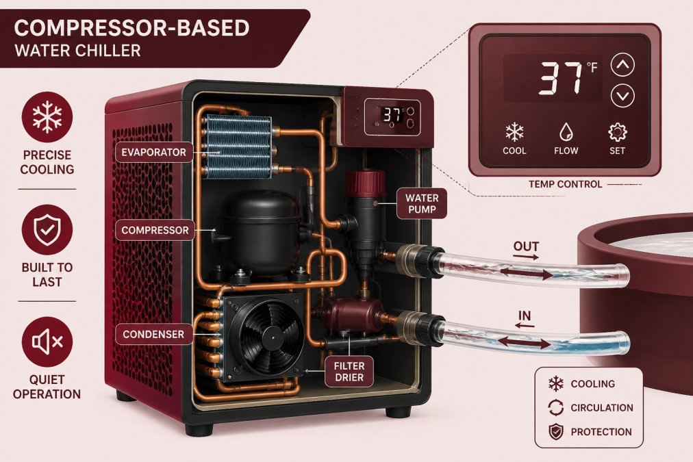 Close-up of professional compressor-based water chiller unit showing internal cooling components, copper tubing, and digital temperature control panel with water circulating through transparent lines