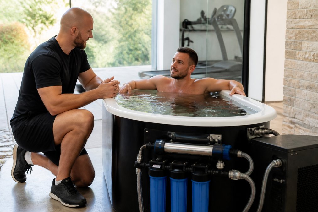 Athlete in professional ice bath tub with visibly clear water, filtration cartridge and UV sterilisation system visible on the side of the cold plunge setup, modern clinical setting with natural lighting