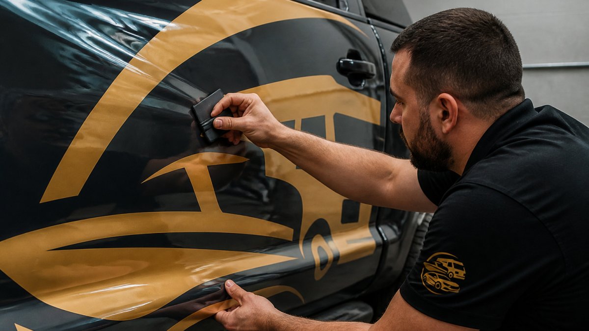 Professional installer using squeegee with precise technique to smooth vinyl graphics onto vehicle surface, showing careful hand positioning and focus on bubble prevention