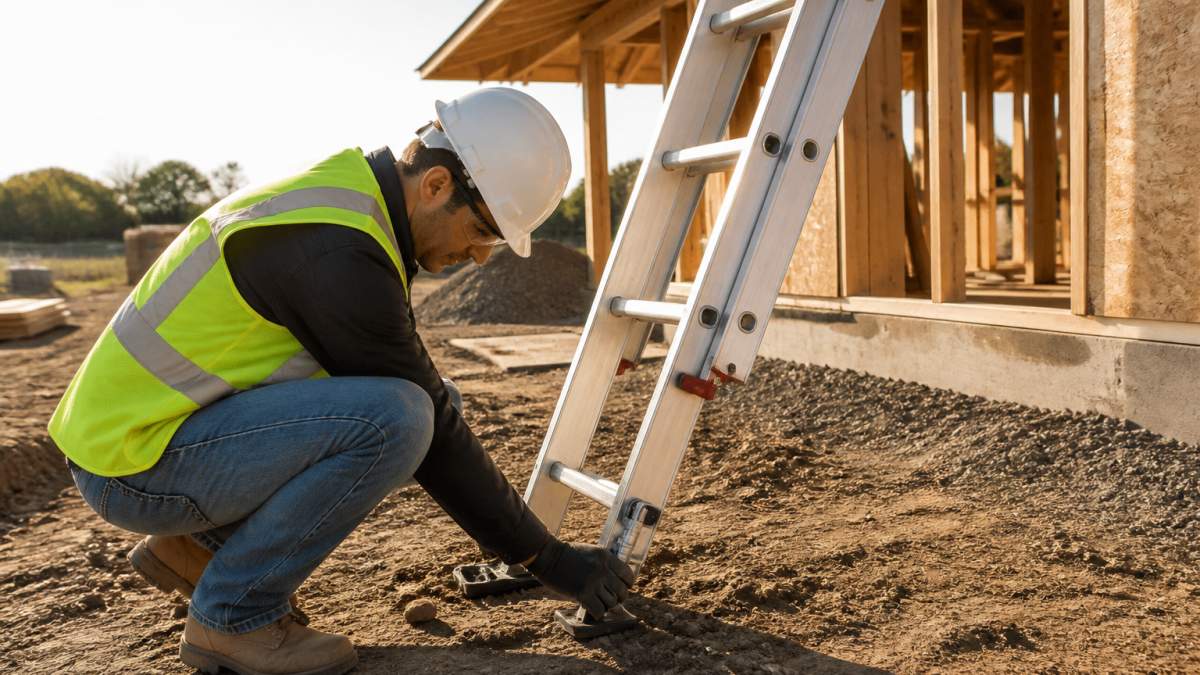 A construction worker in a hard hat and high-visibility vest checking the base of a professional ladder on an uneven dirt jobsite, one hand on the levelling leg, morning light casting long shadows