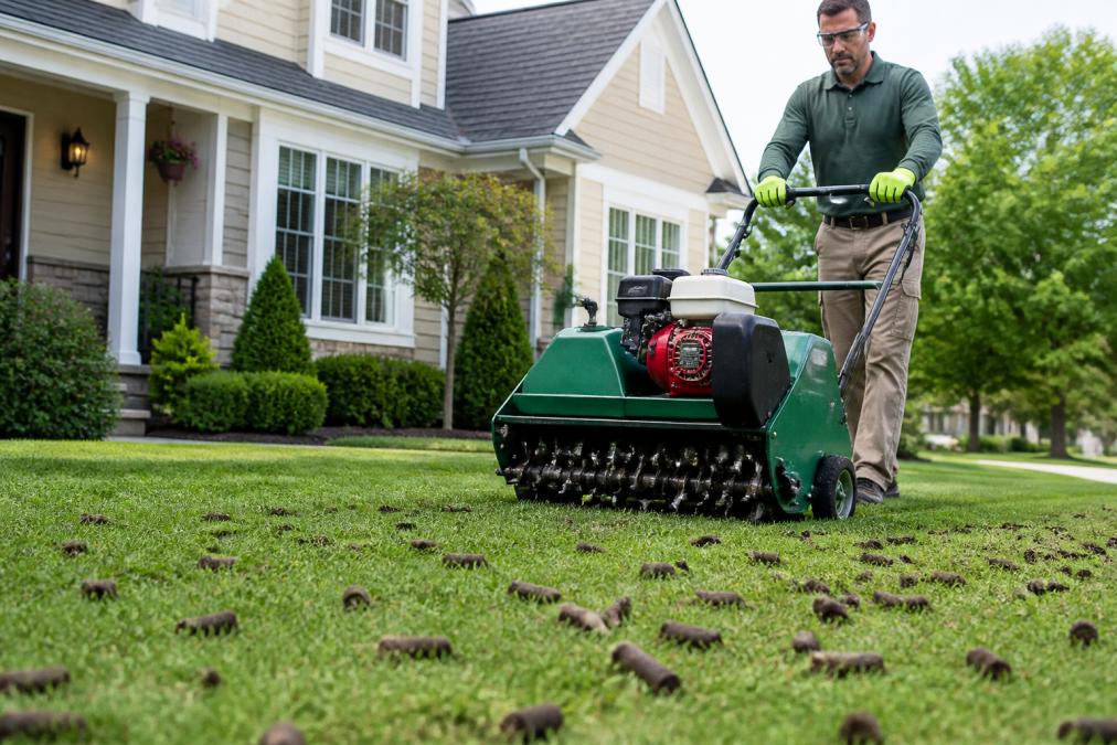 A lawn care technician in safety glasses and gloves operating a core aerator on a residential lawn, with soil plugs visible on the grass surface and a house in the background