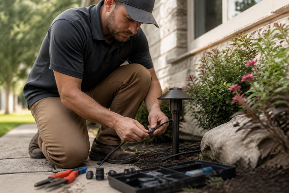 A licensed outdoor lighting technician carefully connecting low-voltage wiring at a landscape fixture near a home's garden bed, with professional tools and sealed waterproof connectors visible in the foreground