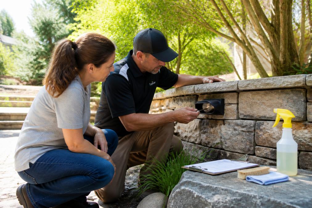 A homeowner and outdoor lighting professional inspecting a fixture mounted on a stone garden wall, with a clipboard checklist and cleaning supplies set on a nearby flat stone surface in bright daylight