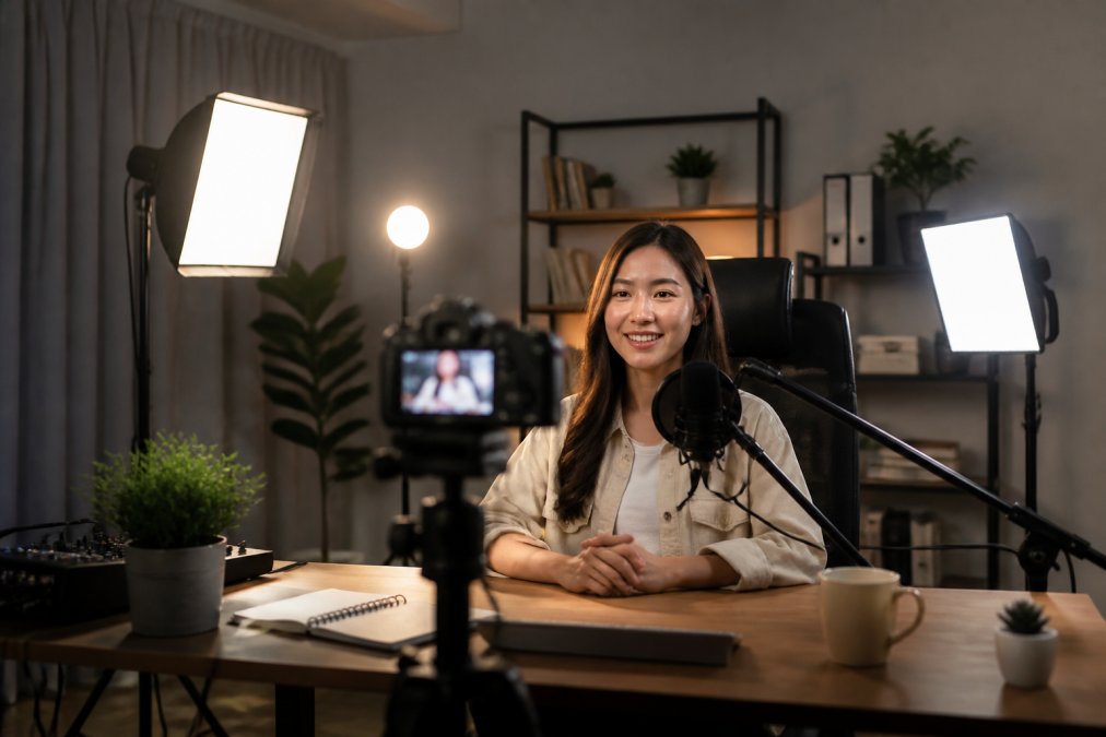 Professional streamer seated at desk with three distinct light sources positioned around them: bright key light to front-left, softer fill light to front-right, and backlight creating separation behind. Shows actual positioning and visual result of three-point lighting in home studio.