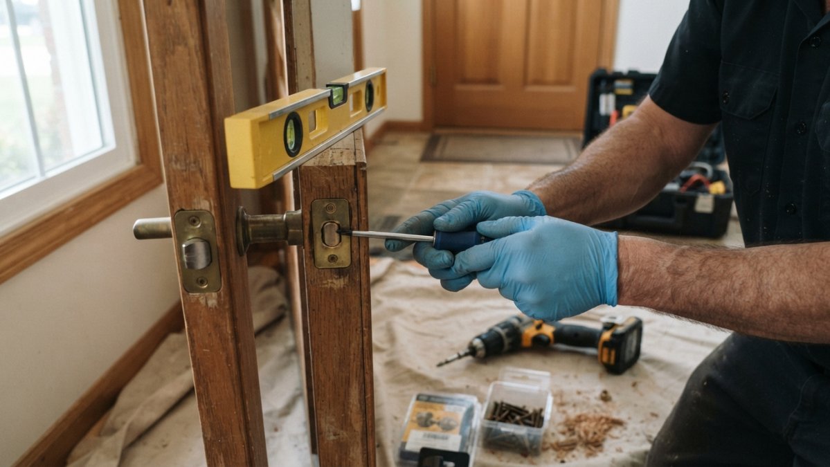 Locksmith using a screwdriver to align a strike plate during professional lock installation on a wooden door frame.
