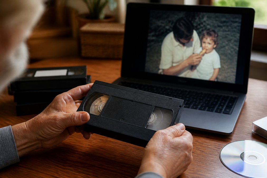 A close-up of a person's hands carefully holding an old VHS tape next to a laptop displaying a digitised family video, warm indoor lighting, nostalgic atmosphere