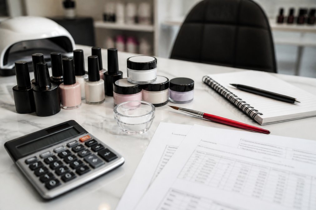 A clean, well-lit salon station with professional gel polish bottles, acrylic powder containers, and a red-handled Kolinsky brush arranged on a white countertop