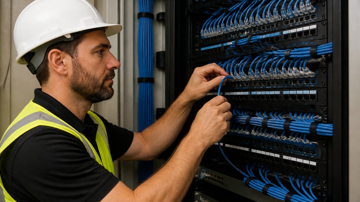 A technician in a hard hat and safety vest carefully terminating Ethernet cables into a network patch panel inside a commercial building's telecom closet, with neatly bundled blue cables and labeled ports visible