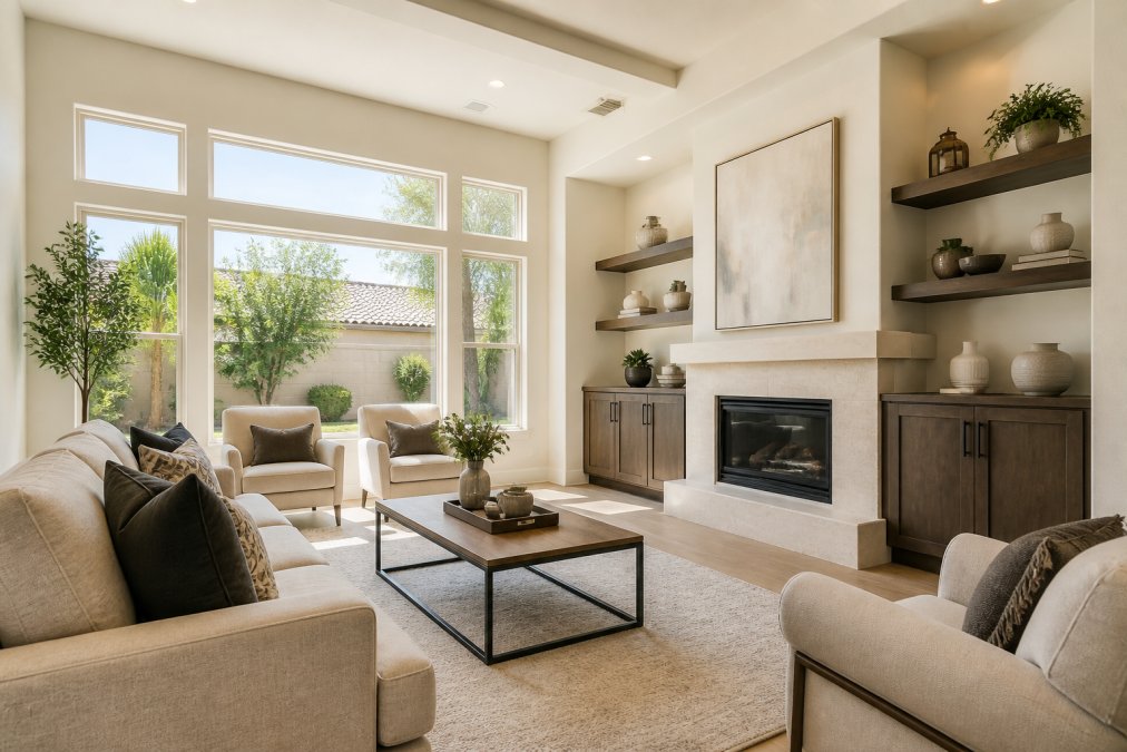 Bright, professionally photographed living room with natural light streaming through large windows, modern neutral-toned furniture, and carefully arranged decor that showcases the space's full potential