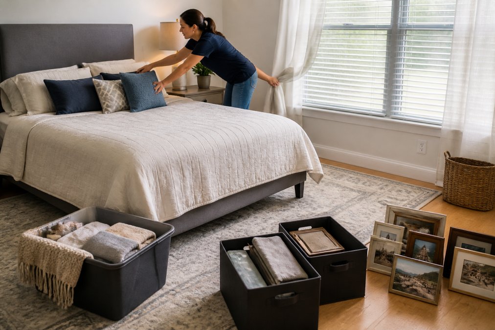 Homeowner decluttering and staging a bedroom, removing personal items and adjusting light-filtering window treatments while preparing the space for a professional photography session