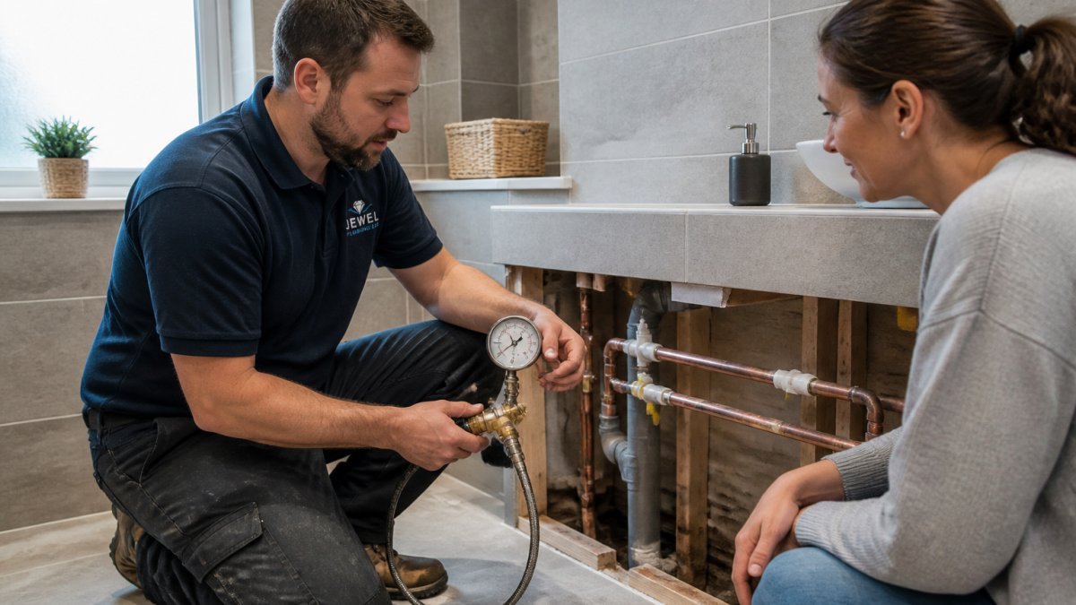 A plumber in clean workwear kneeling beside an exposed bathroom pipe run, holding a pressure testing gauge, with a homeowner looking on in a partially tiled bathroom