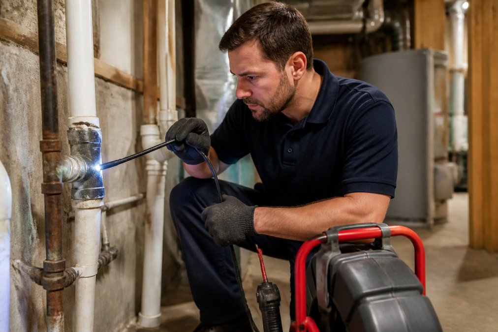 Certified plumber in uniform using advanced diagnostic equipment to inspect residential plumbing pipes in a basement, with focused attention on professional tools and expertise