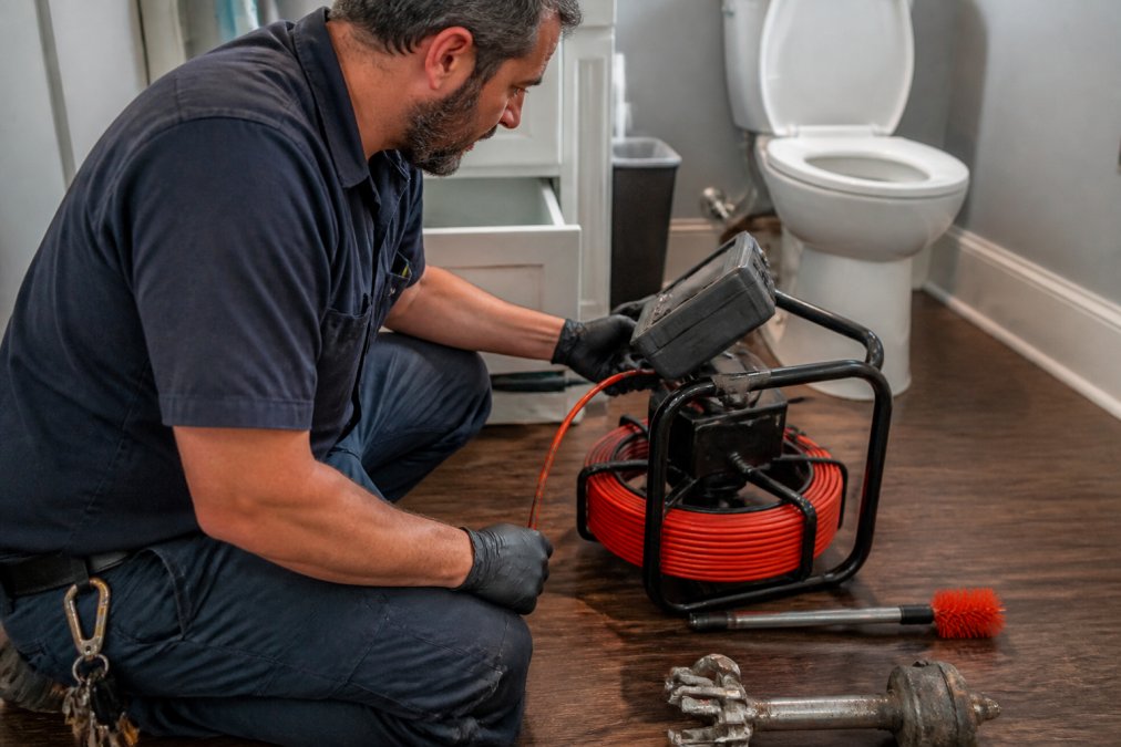 Professional plumber holding advanced pipe inspection camera equipment in residential setting, examining plumbing infrastructure with precision diagnostic tools