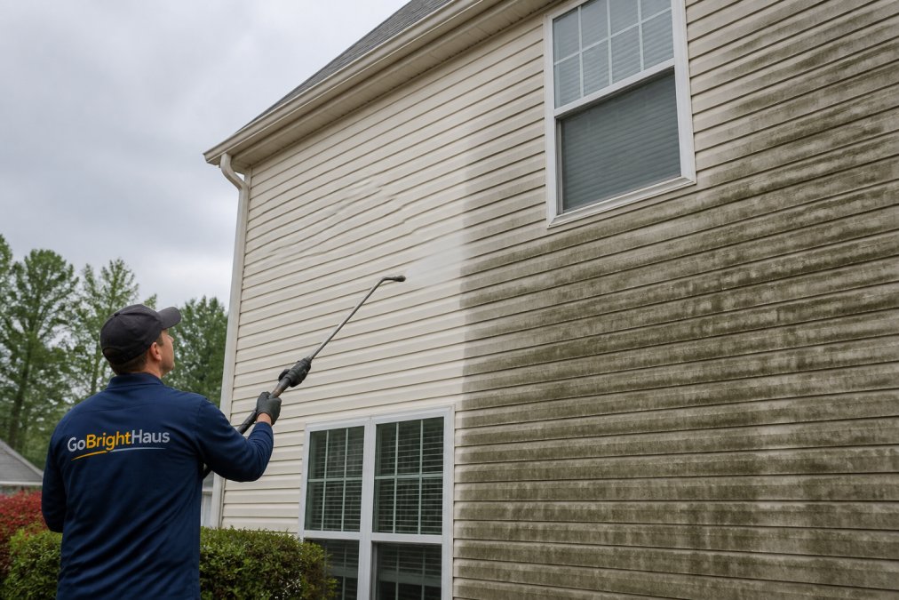 A technician in safety gear using a soft wash wand on the siding of a two-story suburban home, a clean bright strip contrasting with the dark algae-stained section beside it, overcast afternoon light
