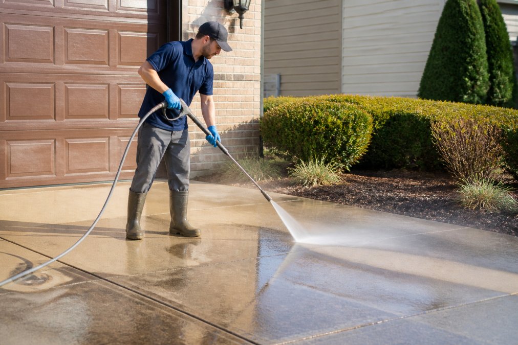 Professional demonstrating pressure washing technique on residential driveway with proper nozzle angle and distance, showing water spray pattern on concrete surface