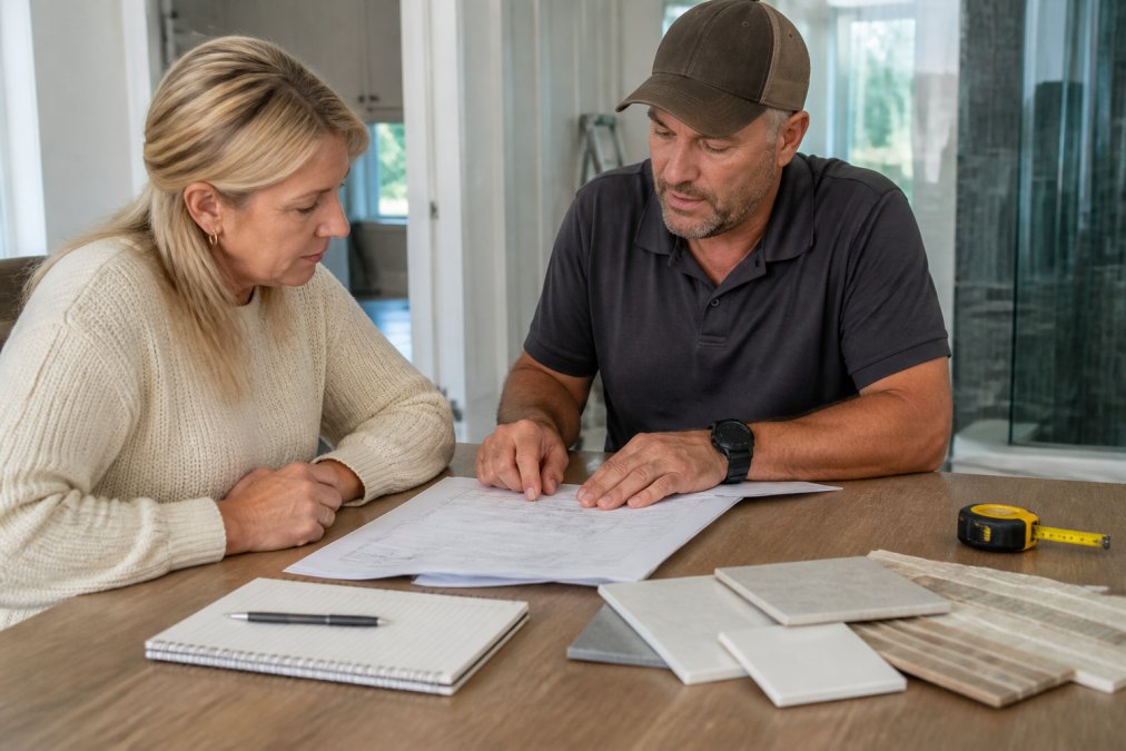Homeowner and contractor reviewing renovation quotes and tile samples to compare project costs and materials.