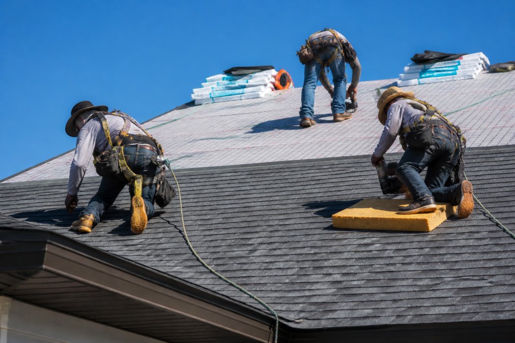 A roofing crew installing architectural shingles on a residential roof, underlayment visible beneath the courses, workers wearing safety harnesses, clear blue sky behind them