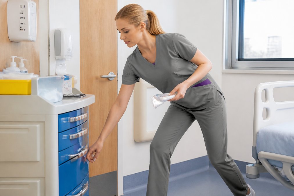 Nurse wearing professional moisture-wicking scrubs during active shift in hospital setting, demonstrating fabric fit and movement while reaching and bending, with natural clinical lighting