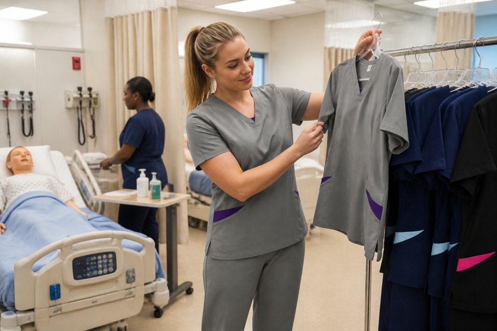 New nursing graduate examining scrub sets in clinical training environment, checking fabric quality and trying on for fit, with natural overhead lighting in medical facility