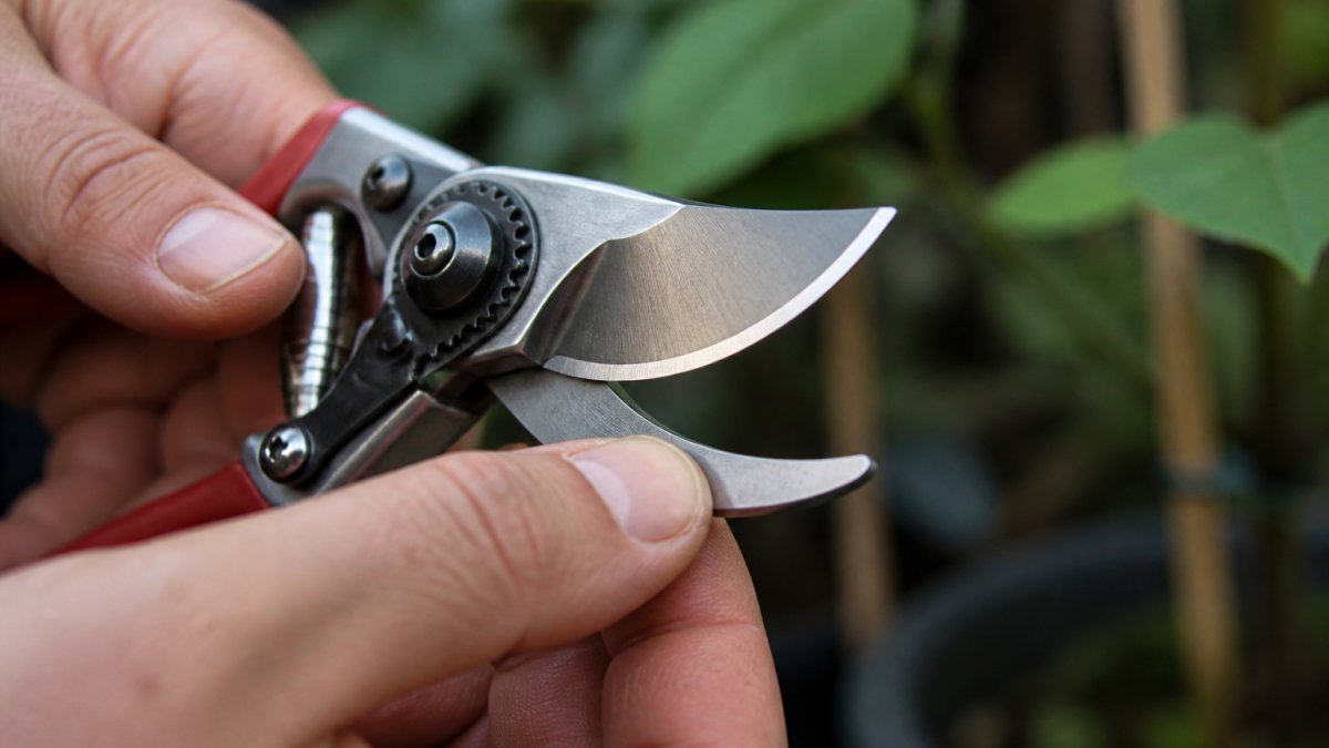 Close-up of professional secateur blades showing sharp polished edge detail and hardened steel finish, with hands holding the tool to demonstrate quality construction and precision