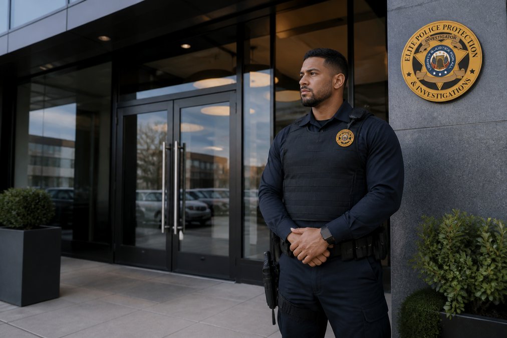 Uniformed officer providing professional security while monitoring the entrance of a modern commercial building.
