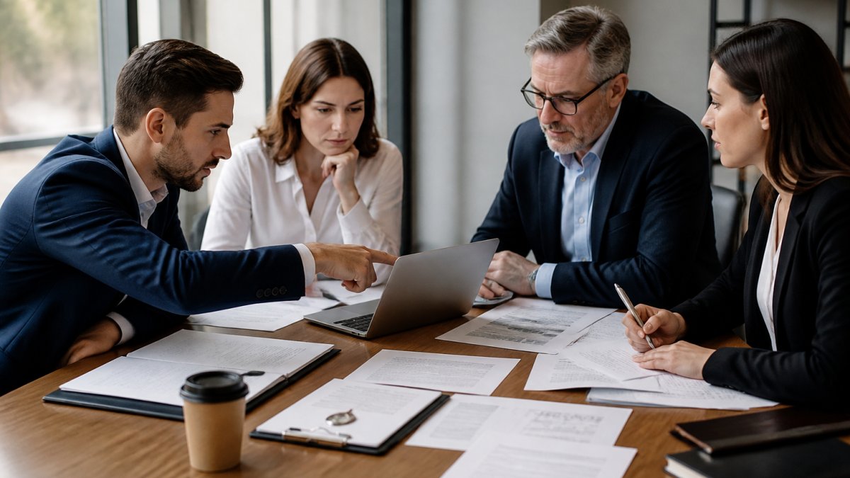 Consultants reviewing a checklist for assessing e&o insurance risk exposure at a conference table.