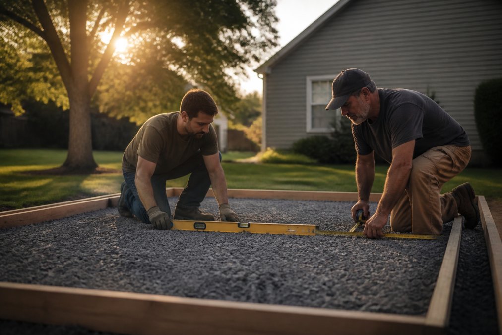 A homeowner and an installer kneeling beside a freshly leveled gravel base for a backyard shed, with a spirit level and measuring tape visible, late afternoon light across a suburban yard
