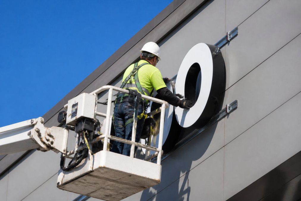A professional installer in a safety harness and hard hat securing a large channel letter sign to a commercial building facade from a boom lift, bright daylight