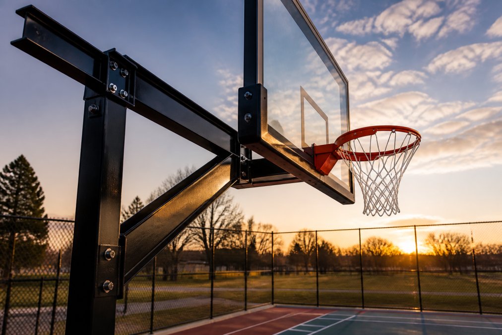 Heavy-duty steel post and tempered glass backboard of professional sports equipment on an outdoor court