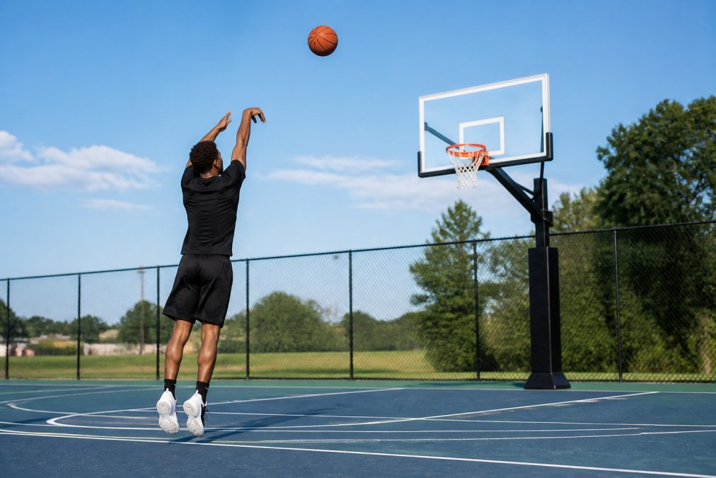 A basketball player practicing a jump shot on an outdoor court with a professional-grade hoop system in the background, focus on the player's form and the ball's trajectory