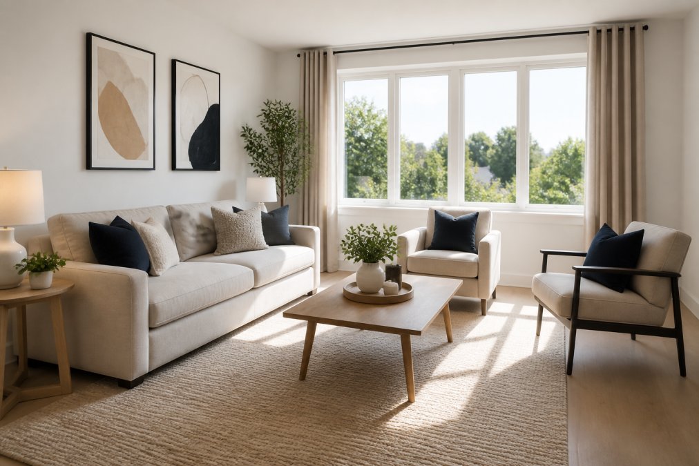 Bright, decluttered living room with neutral decor showing why professional staging increases property value for buyers.