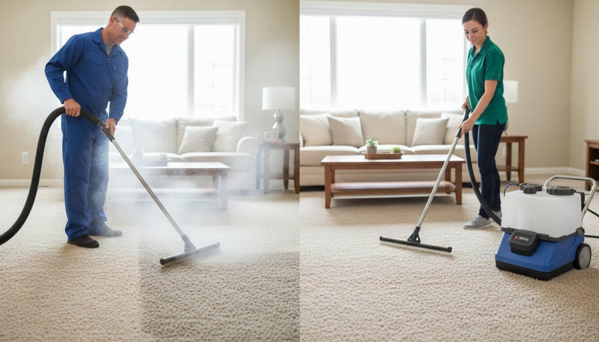 A professional carpet cleaning technician in a Lake Geneva home operating a truck-mounted hot water extraction hose, pressing a cleaning wand firmly into light-colored carpet in a bright residential living room