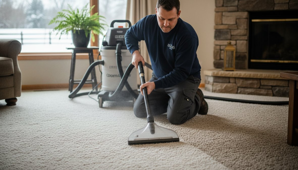 A person vacuuming freshly cleaned light-colored carpet in a bright Wisconsin living room, natural light streaming through a large window, a healthy green potted plant visible in the corner