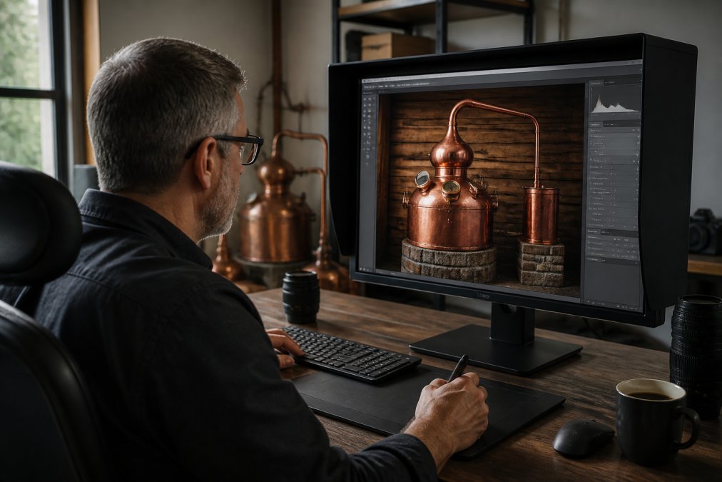 Photographer editing a copper still image, a step that impacts professional stills cost.