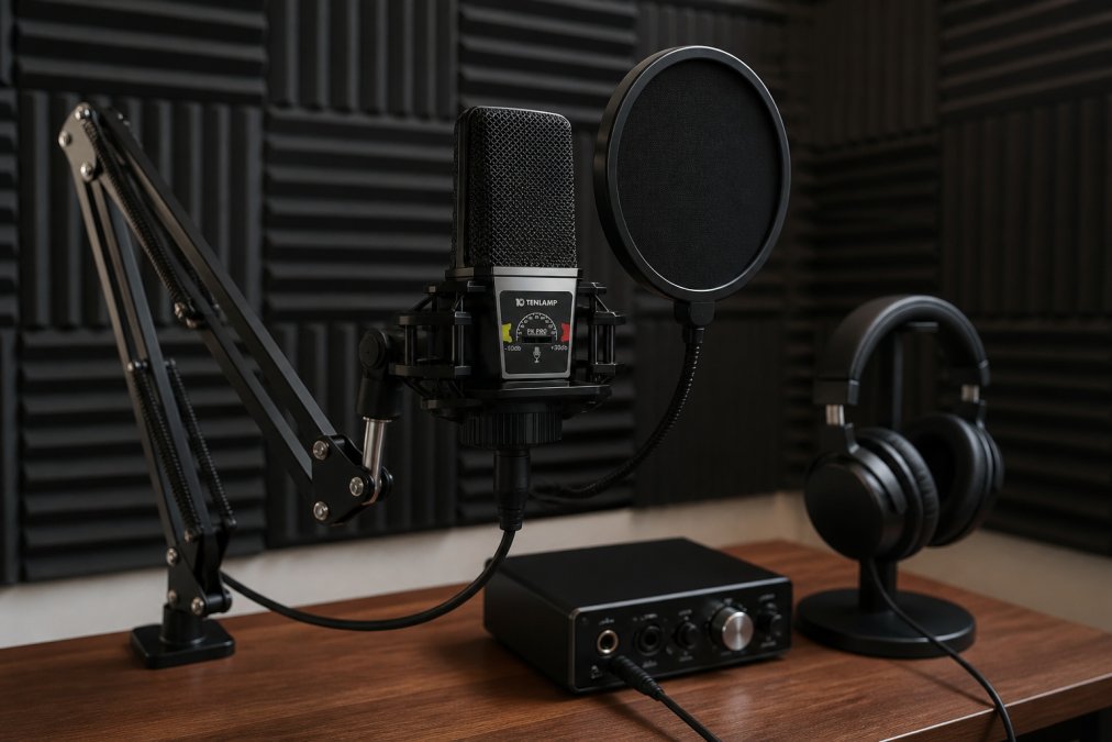 Professional home studio setup showing a large-diaphragm condenser microphone mounted on an articulating arm with pop filter, connected to a compact audio interface, studio monitor headphones on a stand, and acoustic foam panels covering wall surfaces