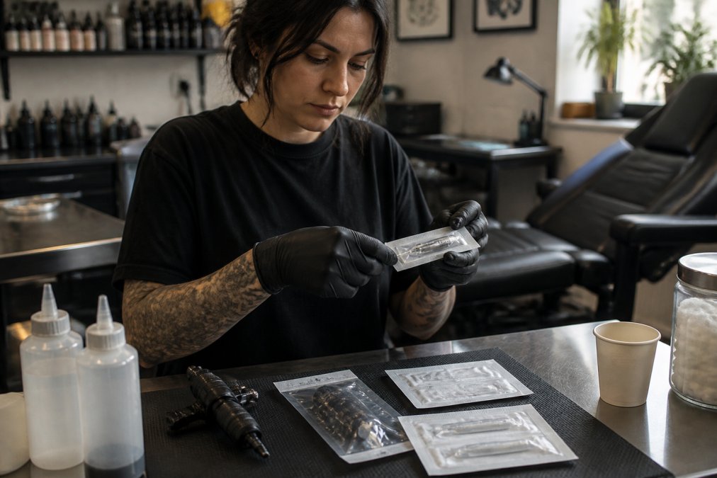 A tattoo artist wearing sterile gloves opening a sealed, single-use needle package in a clean, well-lit professional studio