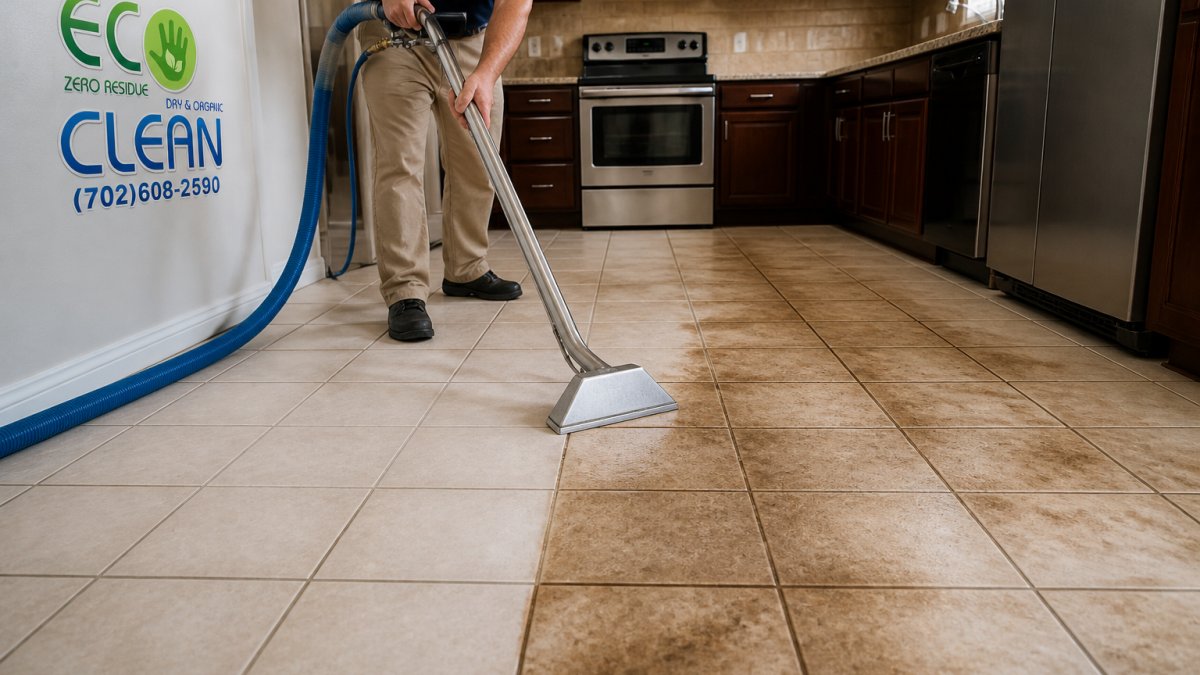 Professional tile cleaning process showing the deep extraction of grime from kitchen grout lines