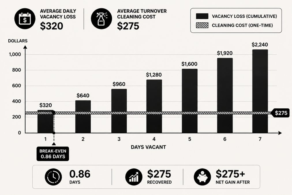 Bar chart comparing vacancy loss to turnover cleaning costs and identifying the break-even point for revenue.