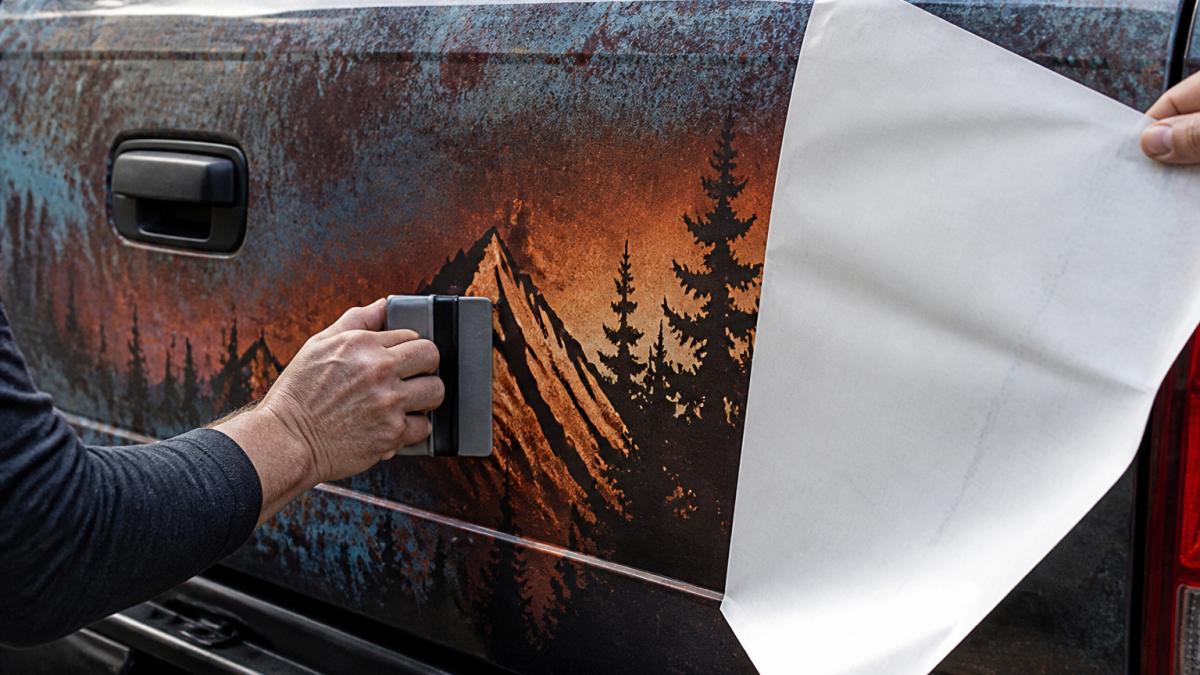 Step-by-step process of applying a professional vinyl decal to a truck tailgate using a squeegee tool