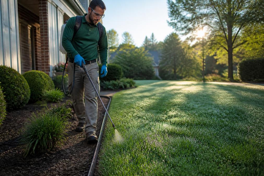 A lawn care technician in safety glasses and nitrile gloves applying a liquid treatment along a residential lawn edge with a sprayer wand, morning light on dew-covered turf
