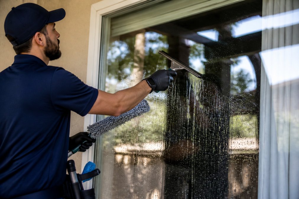 Professional technician demonstrating proper squeegee grip and technique while cleaning a residential window, using deionized water system with focused hand positioning and controlled downward stroke