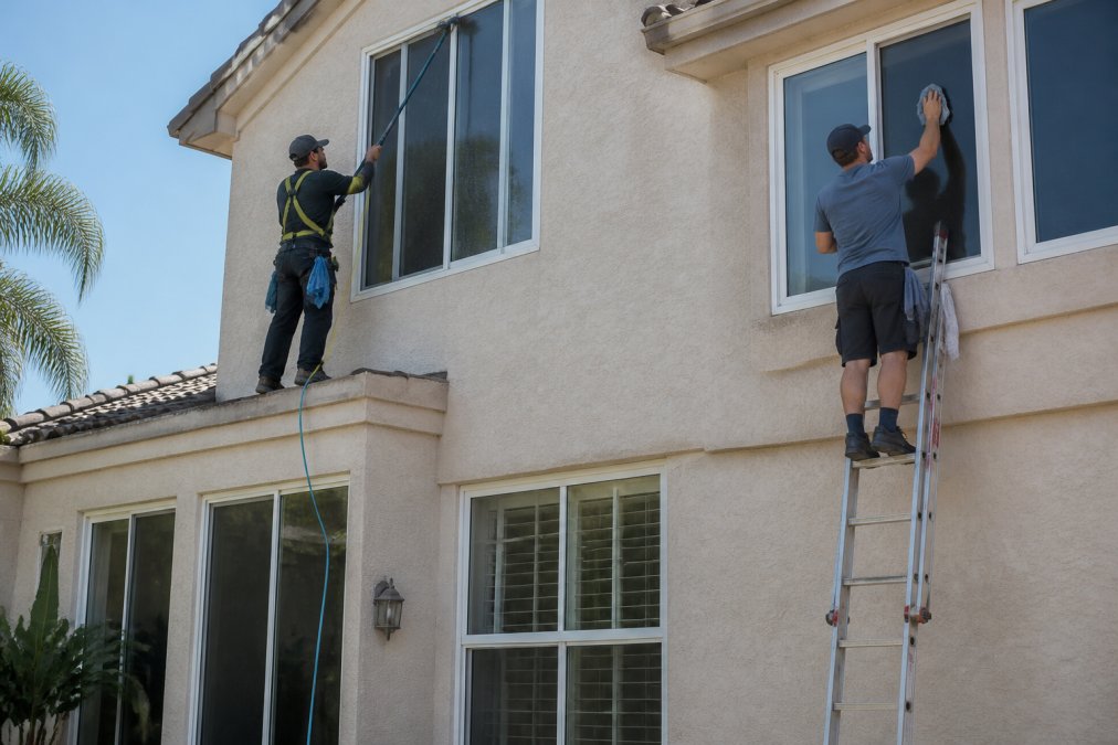 Professional technician safely working on high residential windows using water-fed pole equipment with harness system, contrasted with homeowner on standard ladder attempting similar window height without proper safety gear